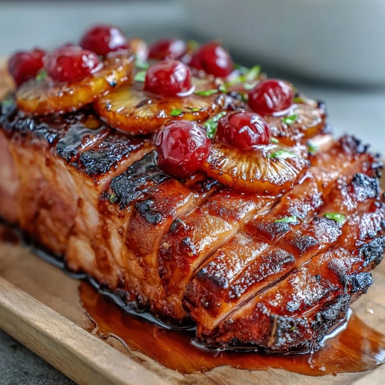 A succulent baked ham with honey glaze, studded with pineapple and cherries, creating a caramelized, aromatic holiday main dish.  