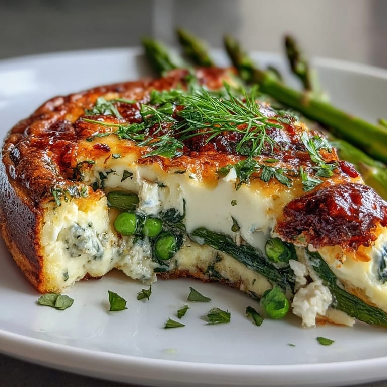 A colorful spring frittata loaded with fresh asparagus, peas, and goat cheese, baked to golden perfection.