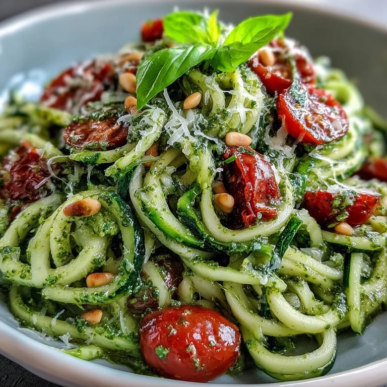 Fresh spiralized zucchini noodles topped with basil pesto and sweet cherry tomatoes, garnished with Parmesan and basil leaves.