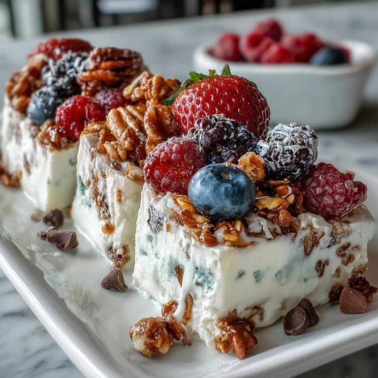 Creamy frozen yogurt bark studded with juicy berries and crunchy granola, ideal for a refreshing, guilt-free snack.