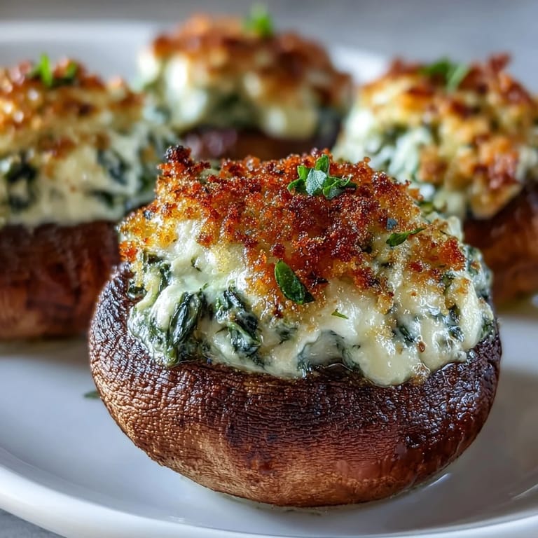 Italian-inspired spinach ricotta stuffed mushrooms, garnished with parsley, perfect as an elegant appetizer for gatherings.