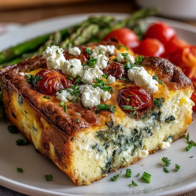 A colorful Sheet Pan Easter Frittata loaded with asparagus, cherry tomatoes, and peppers, sliced into squares for easy serving.