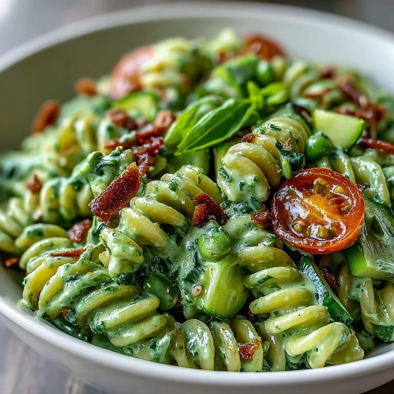 Bright and refreshing Green Goddess Pasta Salad with spinach, snap peas, and crunchy pumpkin seed garnish.  