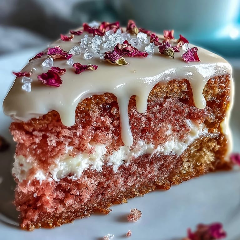 Soft, moist Rosé Velvet Cake with creamy frosting and a luxurious gold accent.