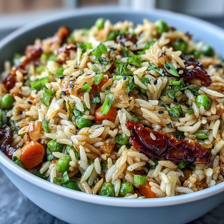 Savory orzo fried rice style recipe ready to serve, with fresh green onions.