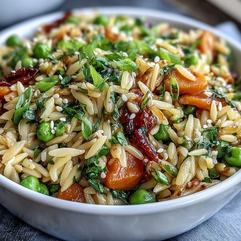 Delicious orzo fried rice style, a quick Asian-inspired vegetarian meal.
