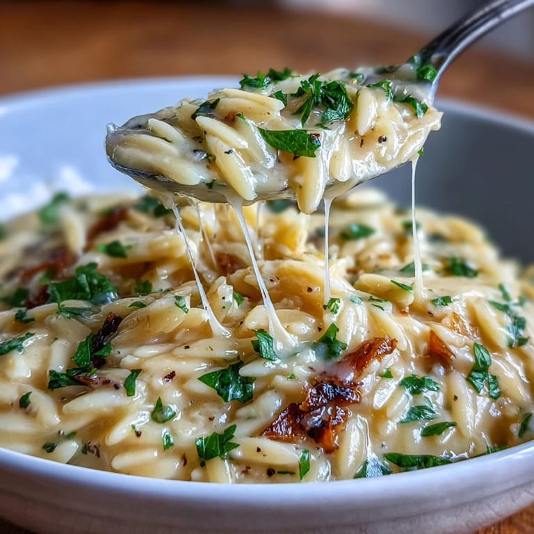 Golden Parmesan Truffle Orzo glistening with truffle oil, a vegetarian delight.