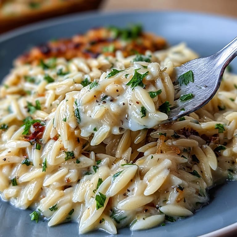 A warm bowl of Parmesan Truffle Orzo, garnished with fresh parsley.