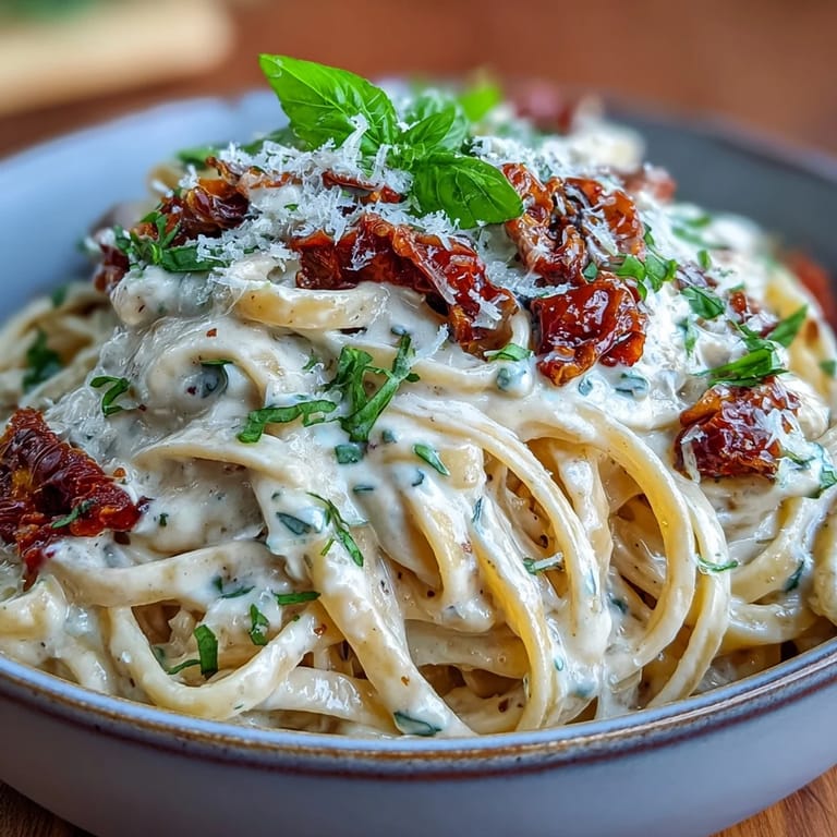 A rich bowl of sun-dried tomato alfredo pasta, perfectly coating tender fettuccine.