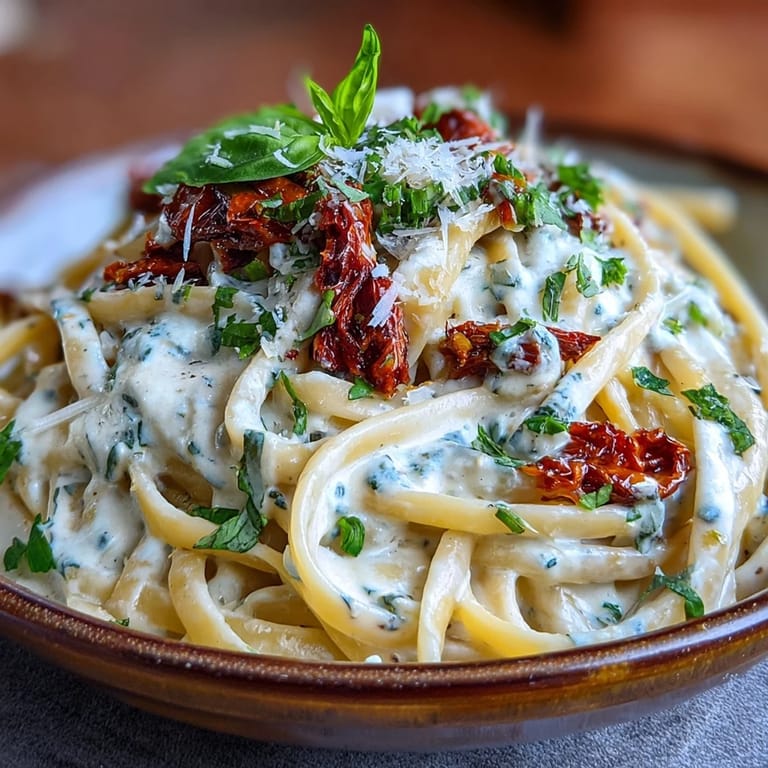 Close-up of sun-dried tomato alfredo pasta, showcasing creamy sauce and vibrant red pieces.