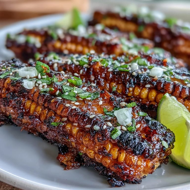 Spicy chili crisp corn ribs, showing tender kernels and crispy edges with fresh garnishes.