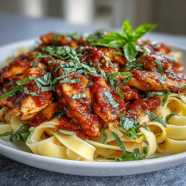 Velvety Italian pasta dish featuring juicy chicken and fresh basil.
