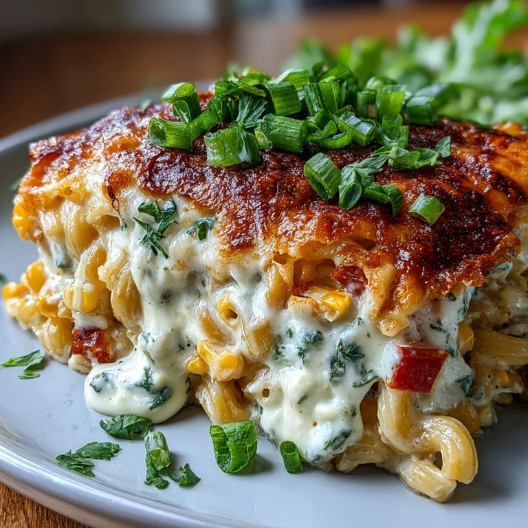 A cozy bowl of street corn pasta bake, bursting with smoky corn flavor.