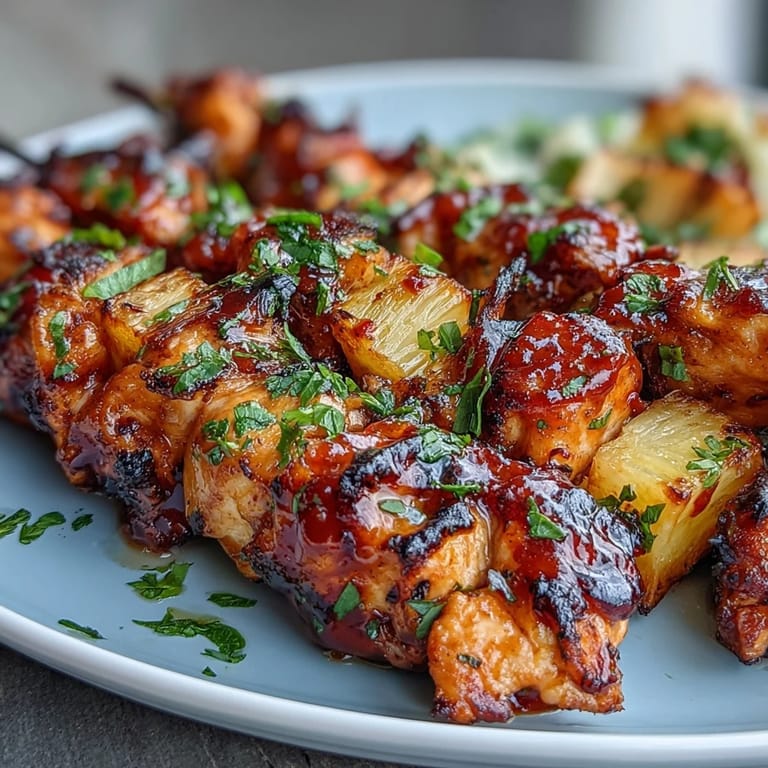 Spicy-sweet Pineapple Gochujang Chicken Skewers, showcasing tender chicken and pineapple chunks.