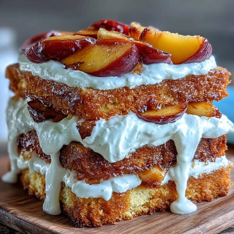 Delicious brown butter cornbread peach shortcake layered with juicy peaches, ready to enjoy.