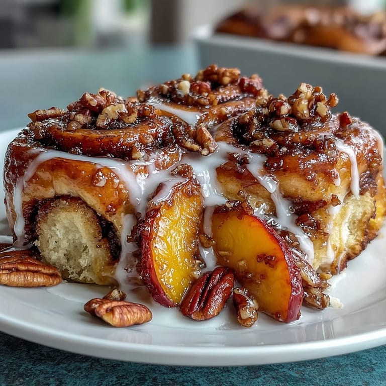 Delicious Peach Cobbler Cinnamon Roll Casserole featuring tender peaches and cinnamon pastry.
