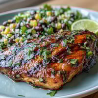 Grilled lime cilantro chicken with corn and black bean salad, showcasing tender marinated chicken and a vibrant mix of fresh vegetables.  