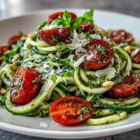 Zucchini Noodles with Pesto and Cherry Tomatoes in a skillet, tossed with vibrant green pesto and juicy red tomatoes.