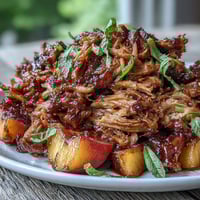 Slow cooker honey peach BBQ pulled pork with tender meat and sweet peach slices in tangy sauce.
