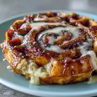 Cinnamon roll waffles topped with vanilla cream cheese glaze, swirled with brown sugar and cinnamon, served warm for a decadent breakfast treat.