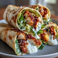 Golden crispy chicken Caesar wraps filled with fresh romaine and creamy dressing.