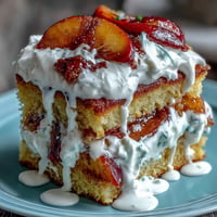 Brown butter cornbread peach shortcake piled high with sweet peaches and cream.