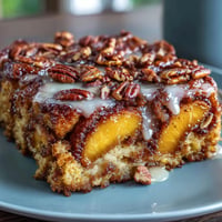 Gooey Peach Cobbler Cinnamon Roll Casserole baked golden brown with sweet peach swirls.